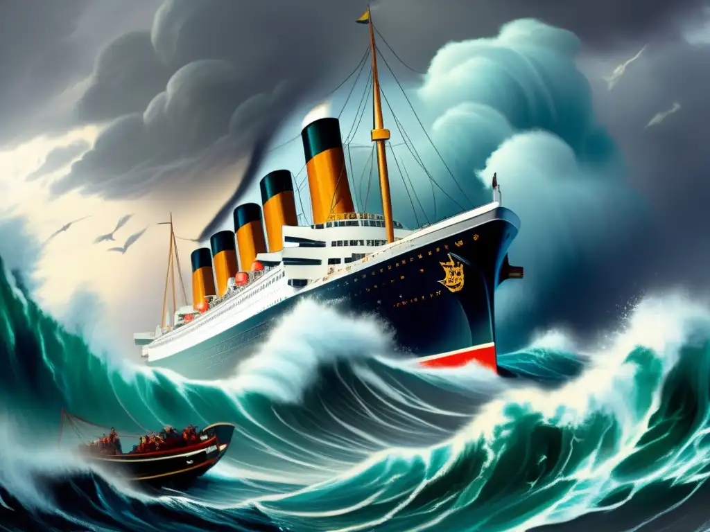 Amidst a perilous ocean storm, a massive ocean liner stands tall against fierce waves and raging clouds