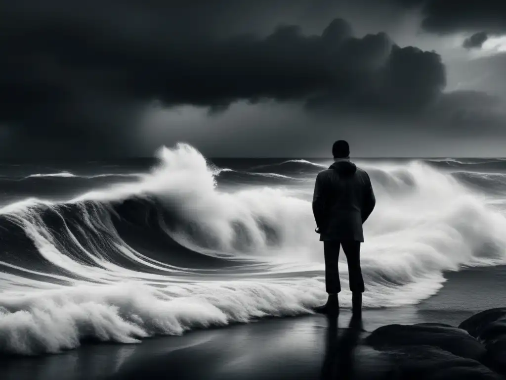 The sea roars to life in this black and white cinematic image, waves crashed against the shore as thick fog obscures the horizon