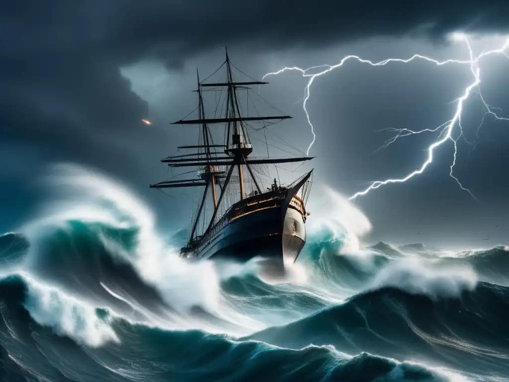 A dramatic shot of a stormtossed ship navigating through towering waves in the open sea