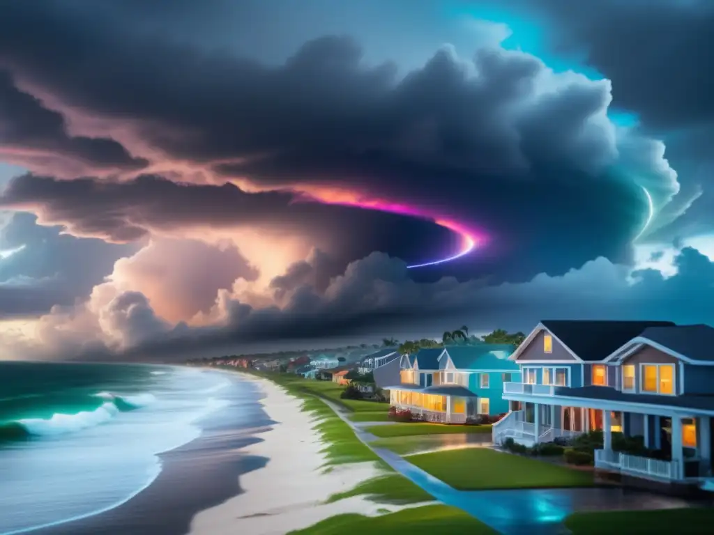 A vivid depiction of a hurricane's fiery eye descending upon a coastal town rooftops with a damaged house