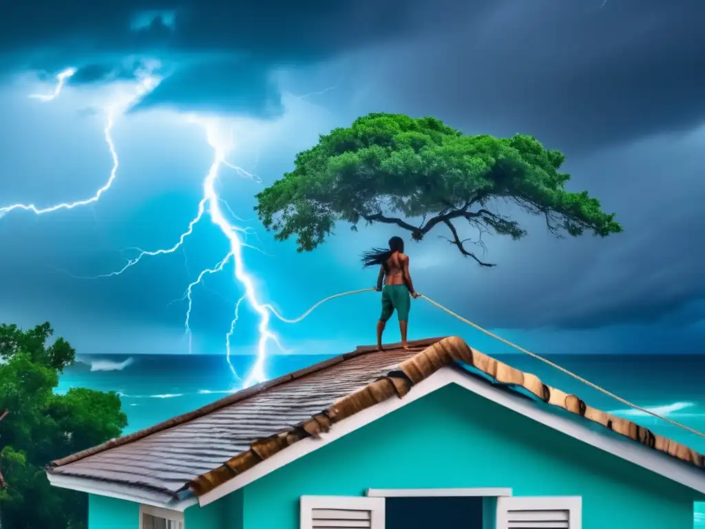 A person bravely fights for survival on their rooftop, holding onto a lifeline during a fierce storm