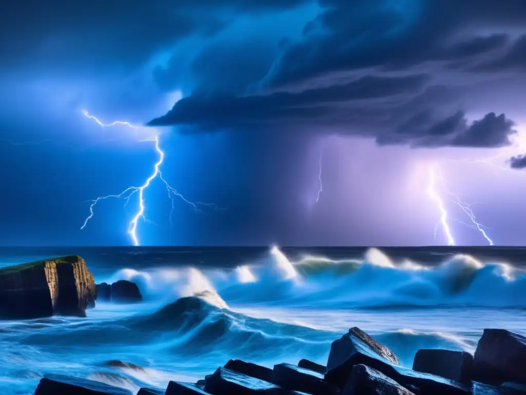 A stormy seascape with towering waves crashing against the rocky shoreline, punctuated by lightning bolts streaking across the sky