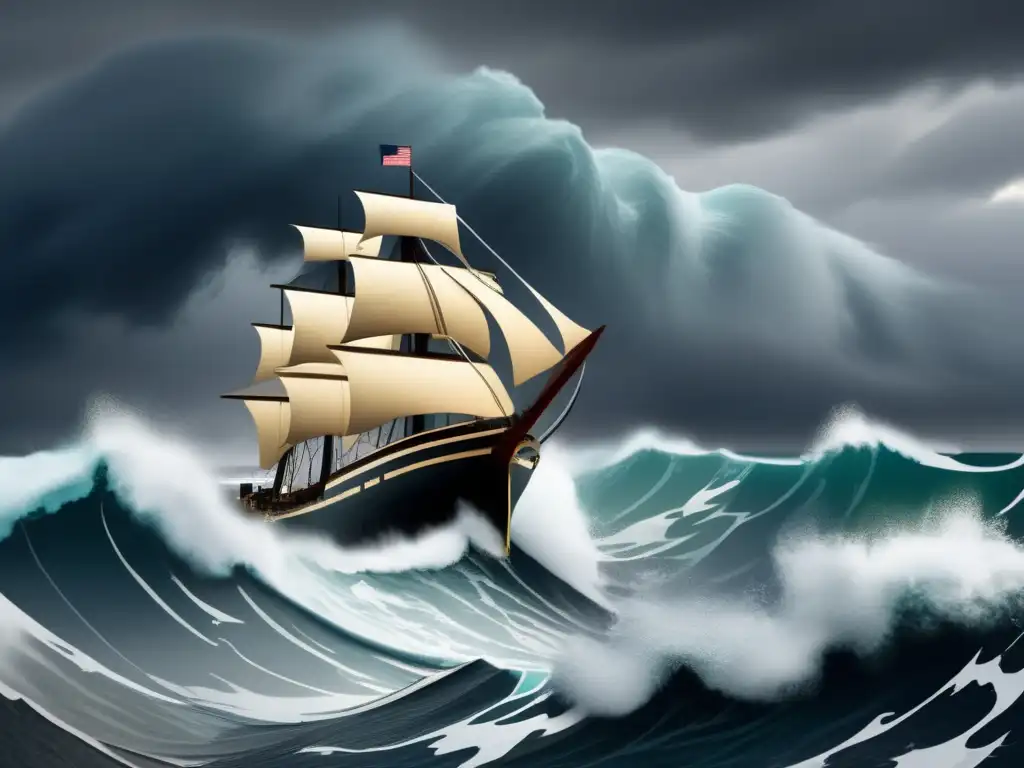 A ship caught in a stormy seascape with towering waves, battered and tossed about as wind and rain lash against it