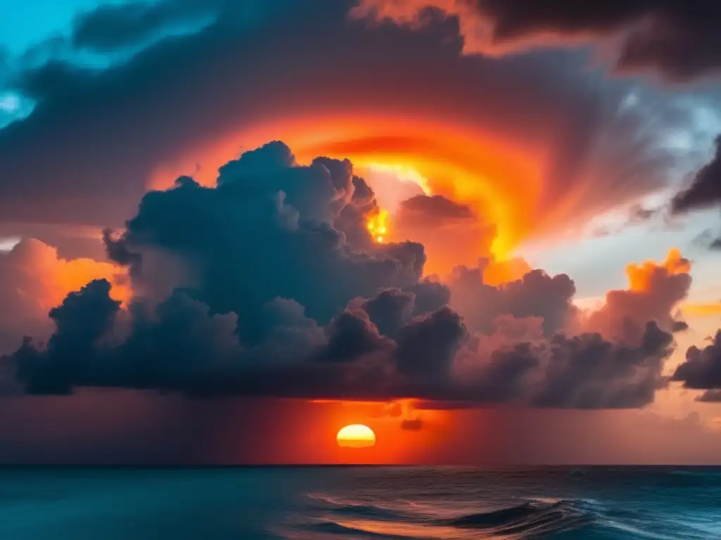 The image captures the essence of a hurricane with a bright turquoise sky, fiery orange sun, and a massive storm brewing in the center