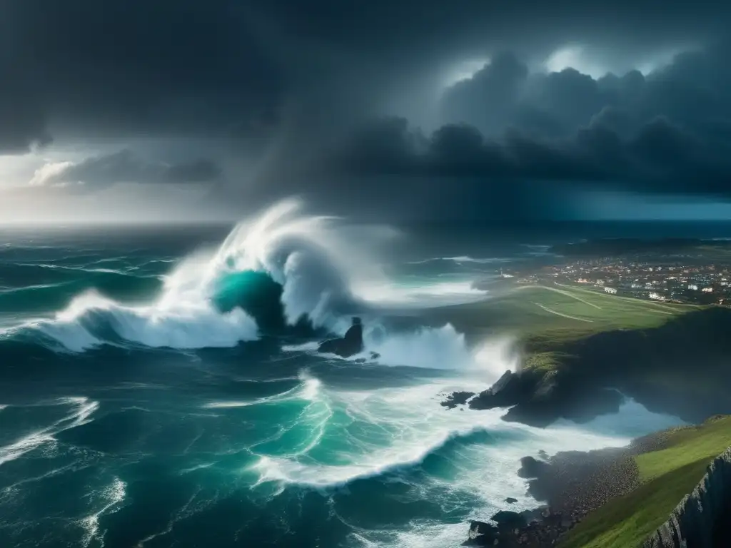 A breathtaking aerial view of a stormy seascape, with towering waves pummeling the coast