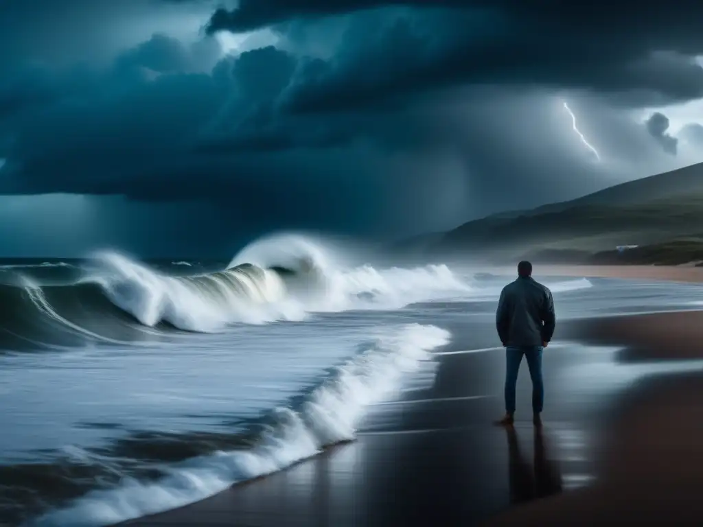 Oh, the tempest of nature's fury unleashed! - The image depicts a stormy seascape, where towering waves crash against the shore, lightning illuminates the sky, and a lone figure stands on the beach, gazing out into the chaos