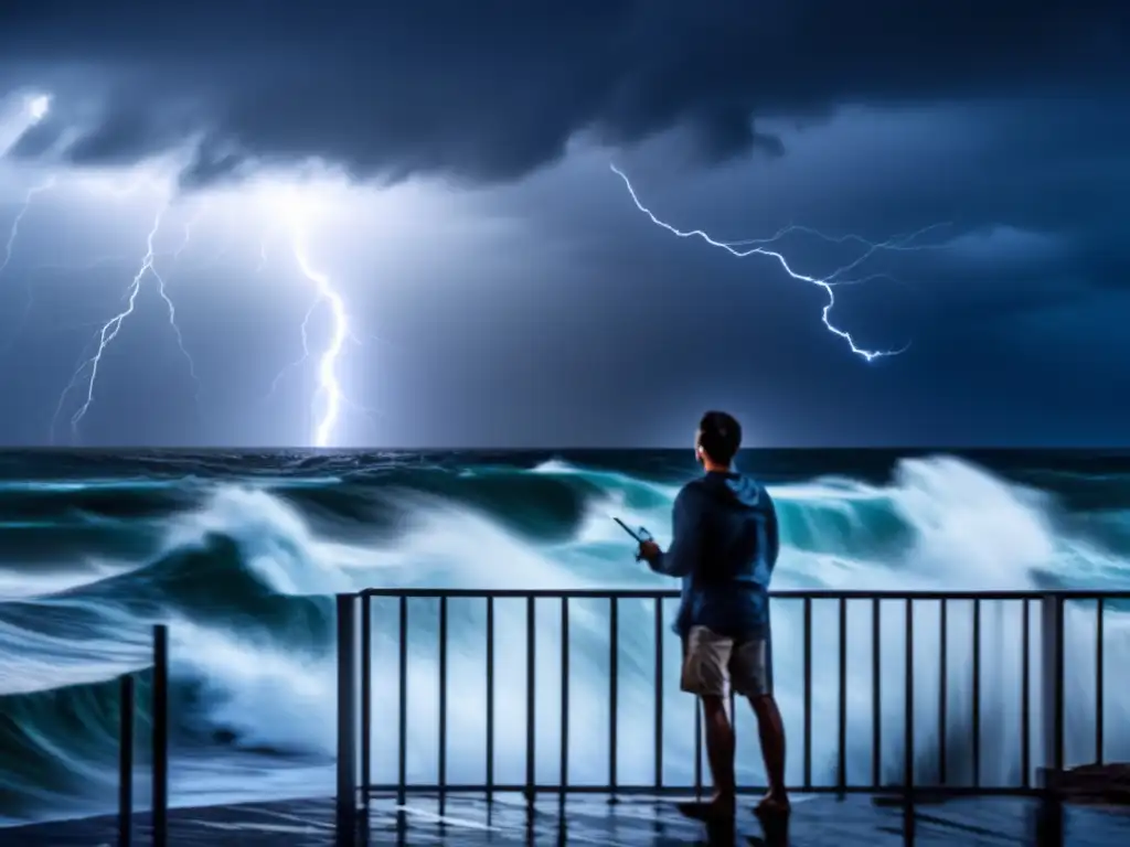 A person bravely standing on a balcony amidst a raging storm, waves crashing against the shore, and a lurking hurricane in the distance