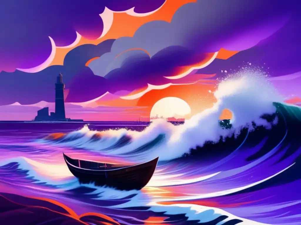 A breathtaking stormy seascape with towering waves and small boats bobbing up and down