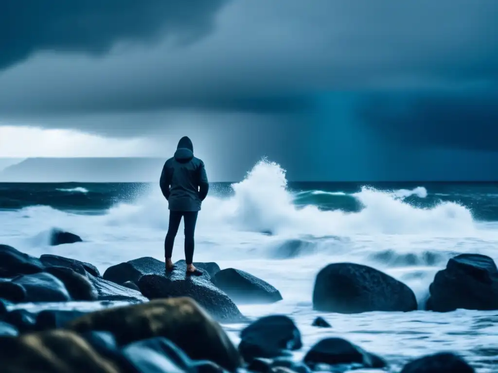 A person on a rocky shore stands determined amidst rain and stormy ocean waves, symbolizing strength and calm in the face of adversity