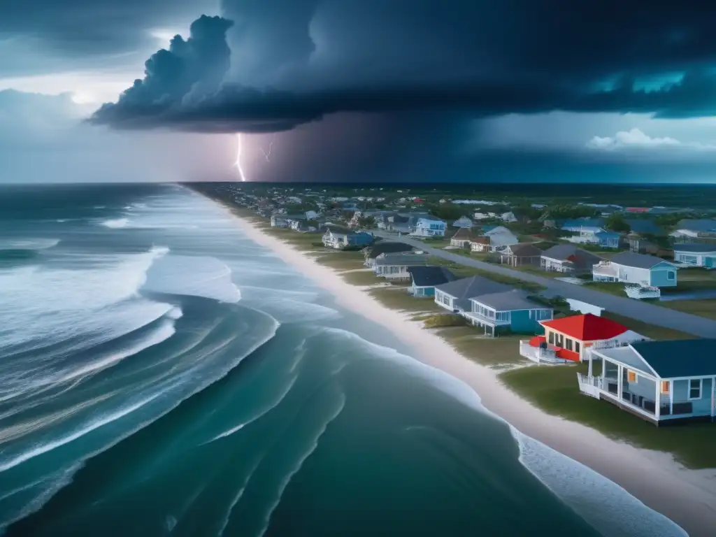 A haunting aerial view of a small coastal town with a looming storm on the horizon, showcasing the devastation caused by hurricanes