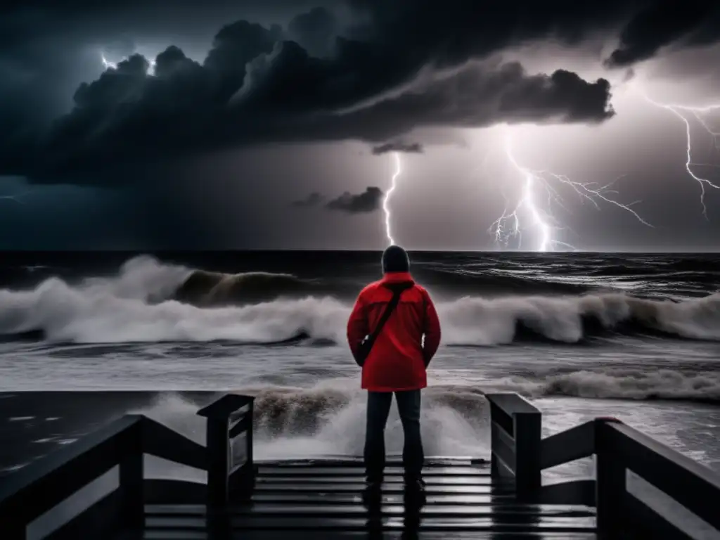 A dark and stormy scene during a hurricane, with a person standing on a roof looking out in panic as lightning illuminates the background