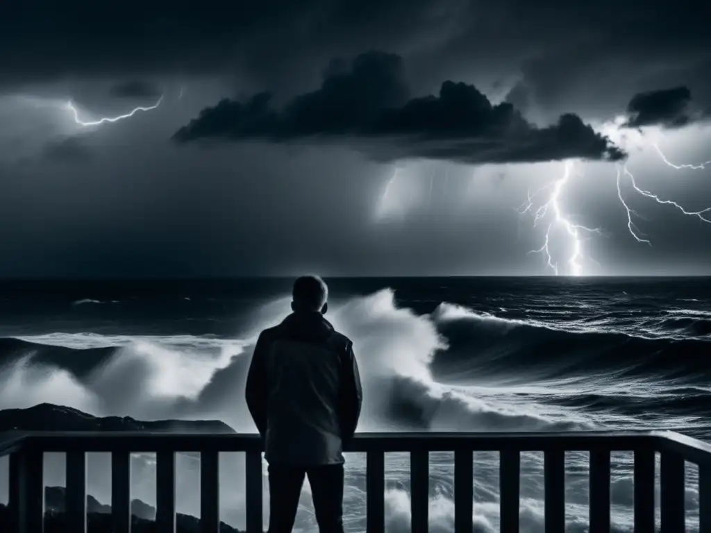 A solitary figure stands on a window ledge, overlooking a tempestuous sea