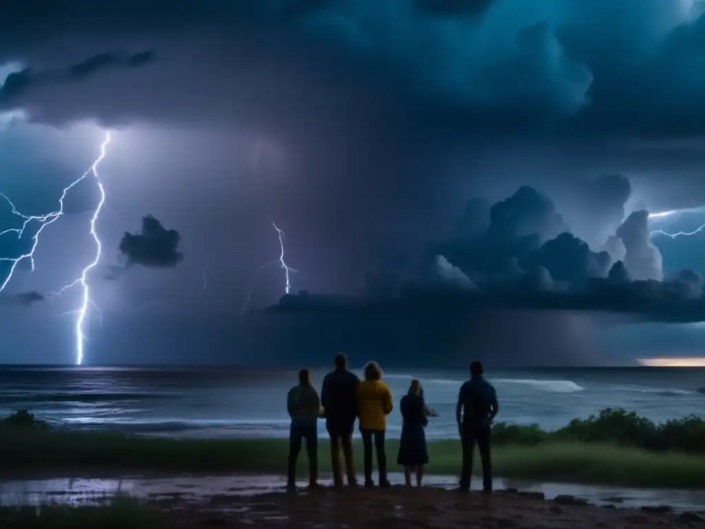 A group of determined individuals stand on shore, gazing out towards the horizon as a storm approaches