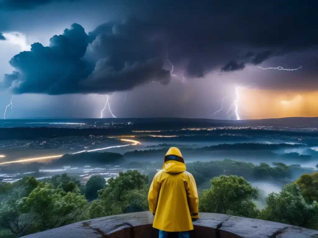 A lone figure in a yellow raincoat stands atop a cliff, taking in the destruction below during a storm