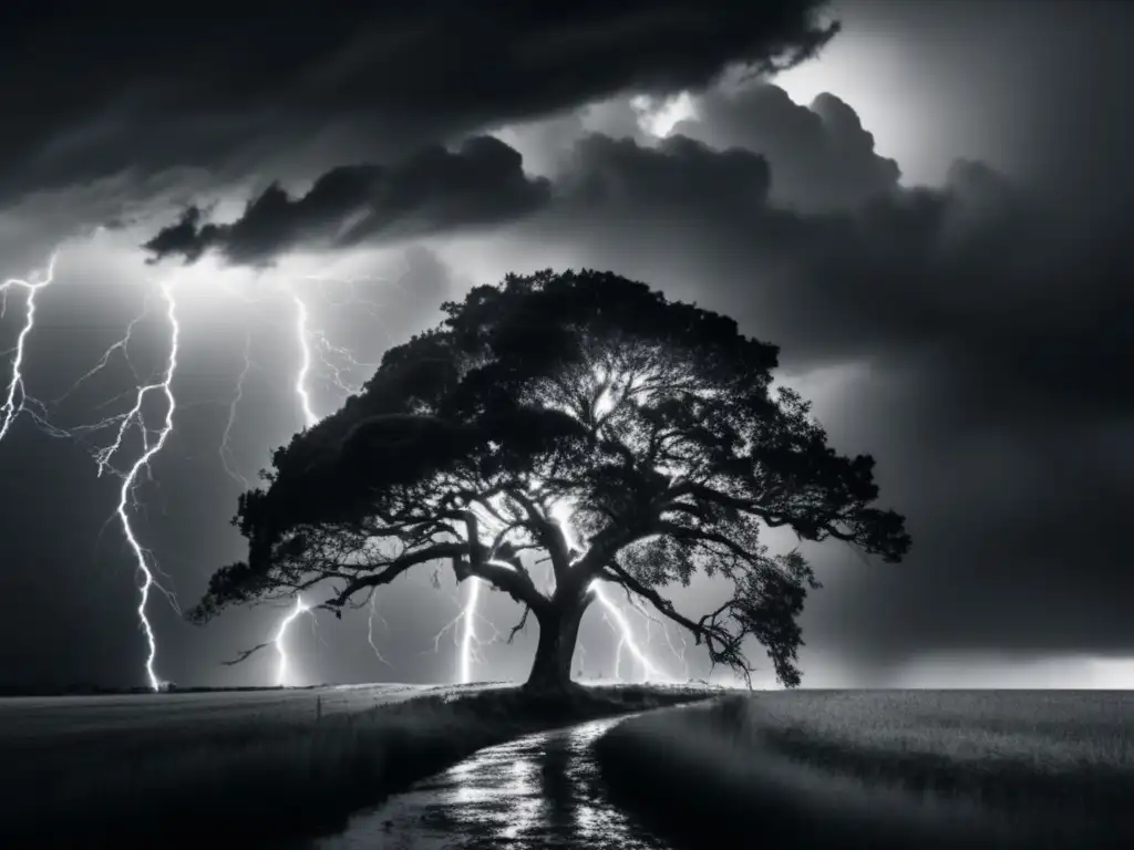 Amidst stormy skies, lightning strikes while rain pours down, a tall tree stands resilient