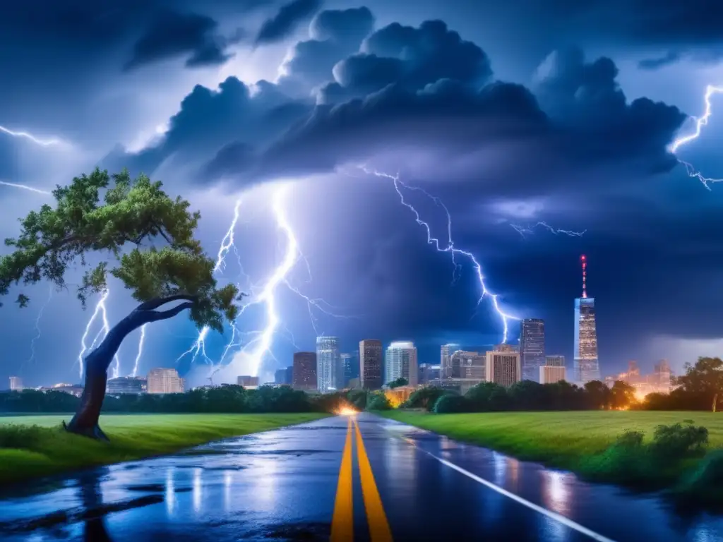 A tempestuous sky, lightning bolts illuminate the clouds, while a tree in the foreground is uprooted