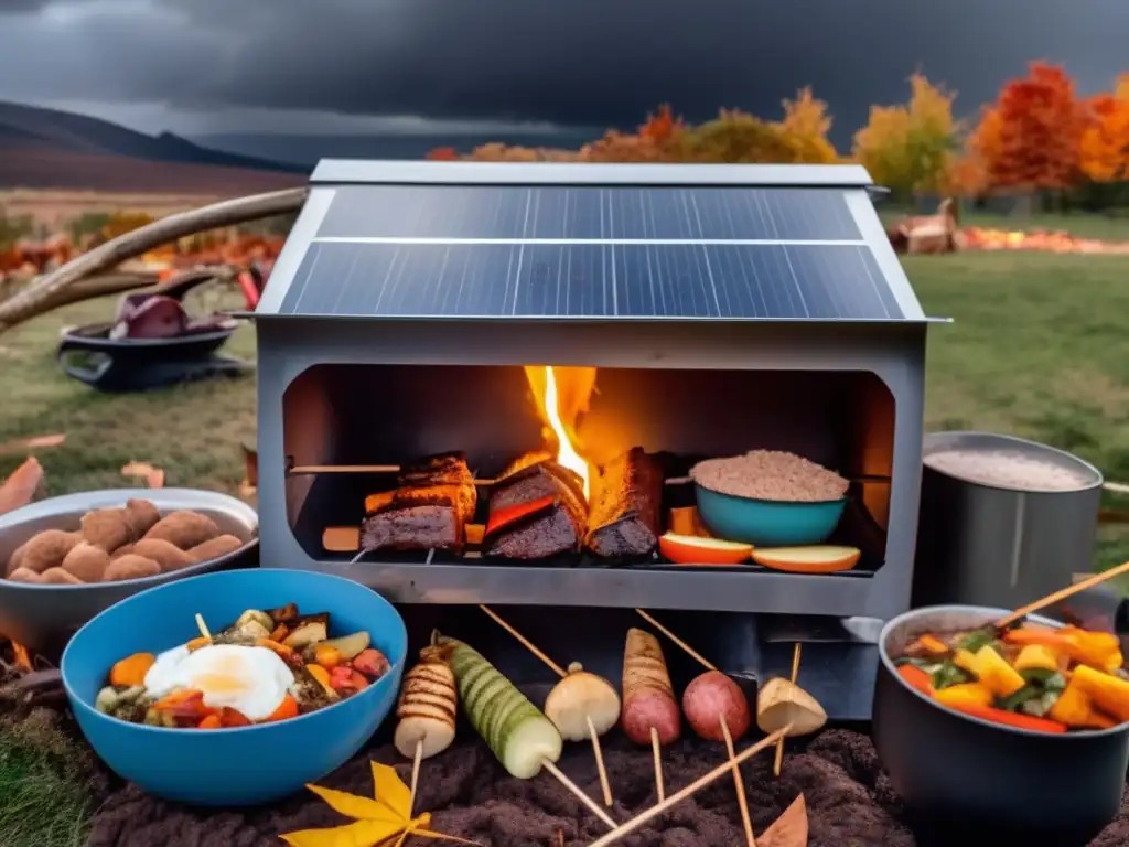 A lone figure cooks up a storm amidst the chaos of his cozy shelter, with delicious meals sizzling on skewers inside a solar oven