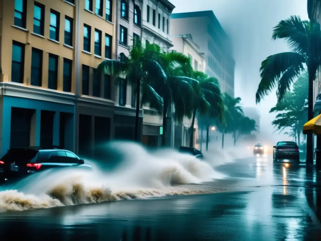 A highresolution, dramatic storm of rain and winds rages through a city street, uprooting trees and lifting buildings