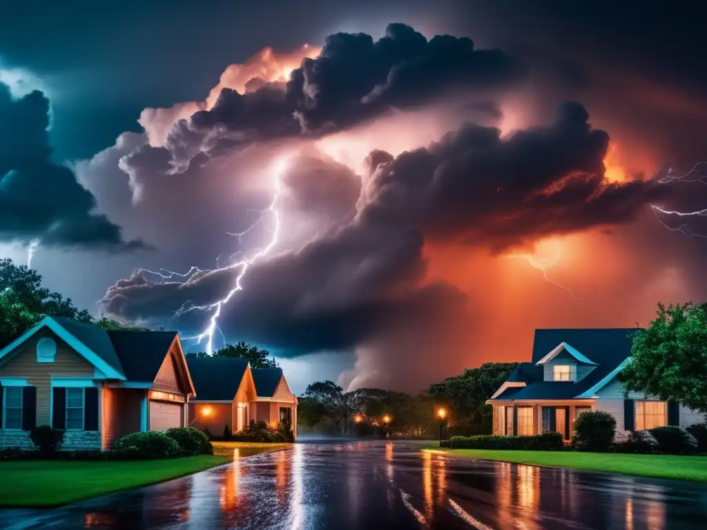 A fierce hurricane brews in the distance, casting a stormy shadow over trees and houses, as lightning and rain fly through the scene