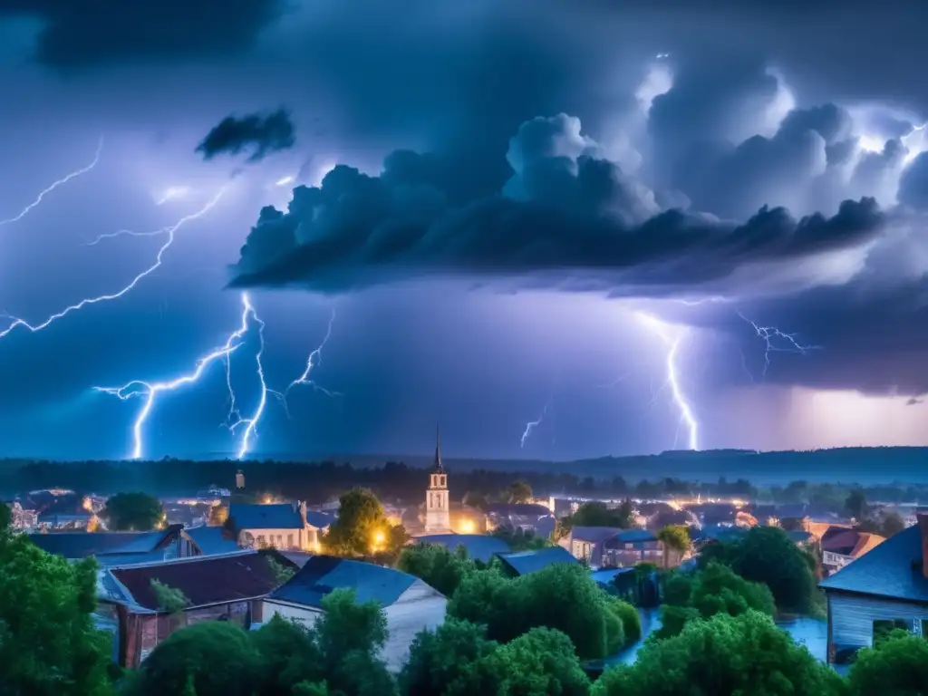 Daring darkness swirls with lightning in the sky, threatening to tear apart the quaint town below