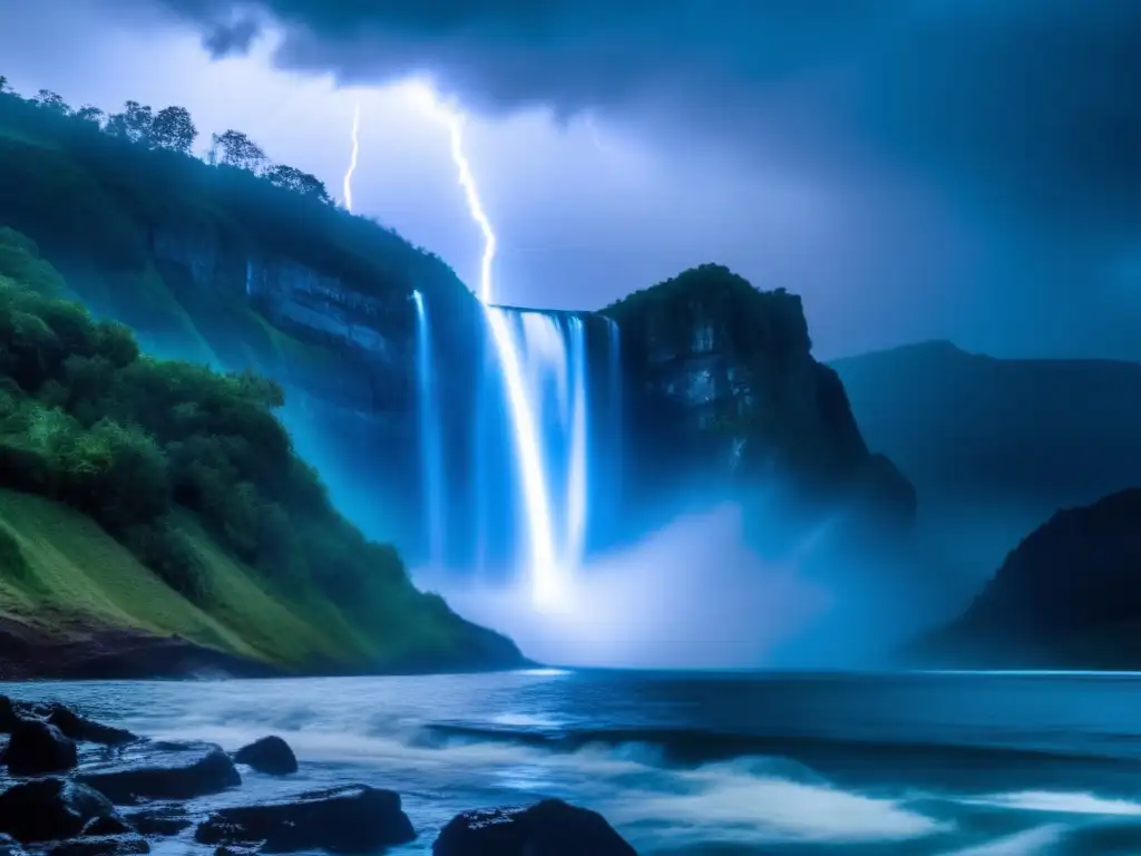 A waterfall cascading down a cliffside with an ominous sky in the background, pouring into a deep blue ocean below