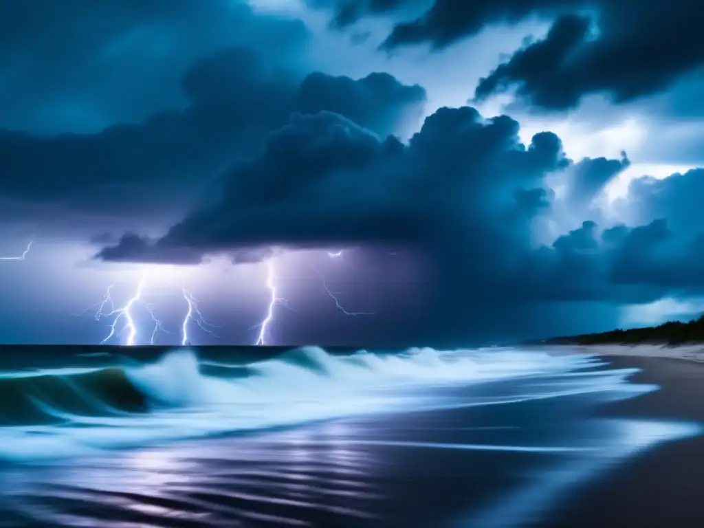 A breathtaking view of a dark, stormy sky with lightning flashing in the distance