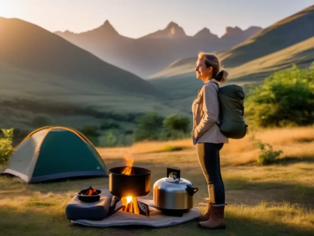 A woman basks in the beauty of nature, surrounded by lush greenery and tall mountains, while preparing a meal using a portable stove and a bag of fuel