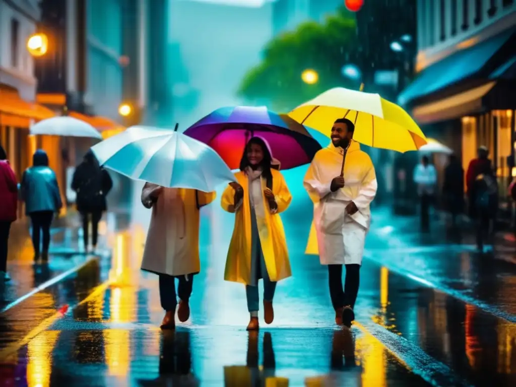 A whimsical scene of a light rainy day, with people dressed in white ponchos and holding umbrellas