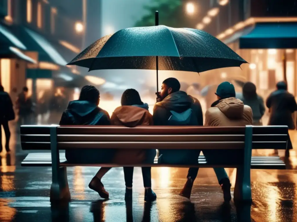 A cinematic shot of a group of people huddled together on a bench in a bustling city street during a rainstorm