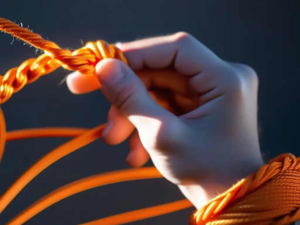 A bright orange paracord spools from a hand, illuminated by a concentrated beam of sunlight, casting a sharp shadow on the background