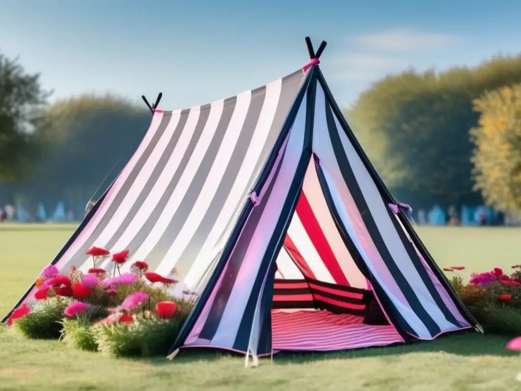 A stunning black and pink striped tent, sitting on a green grassy field, basks in the warm light of the sun