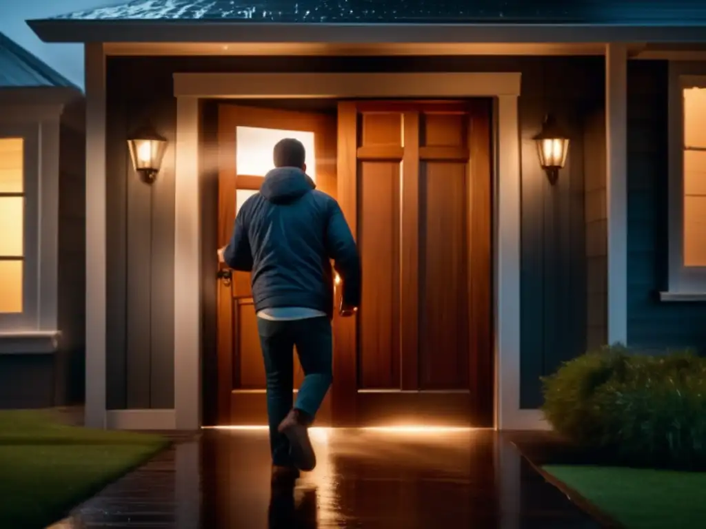 A dramatic image of a sturdy wooden door being violently forced open, amidst a fierce storm, with the determined homeowner standing in the doorway, illuminating the way with a flashlight while holding a baseball bat