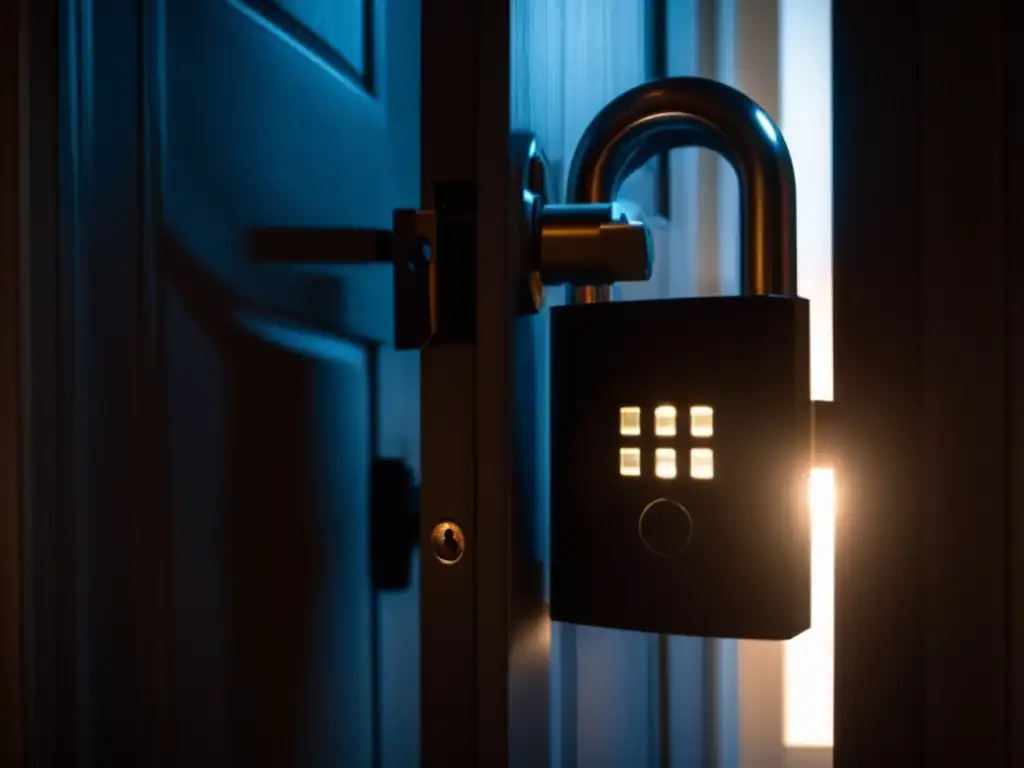 A foreboding image of a determined person shielding themselves from danger with a sleek, modern portable door lock