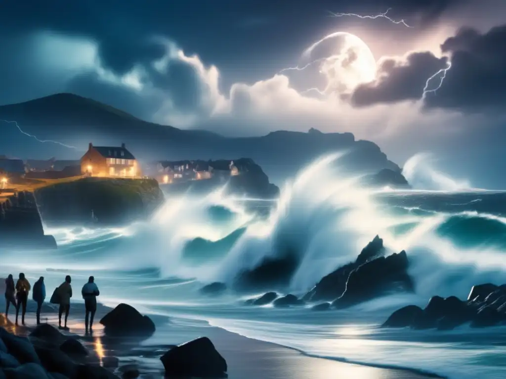 A stormy coastal town faces a ferocious onslaught of waves, lightning, and a full moon casts an eerie glow