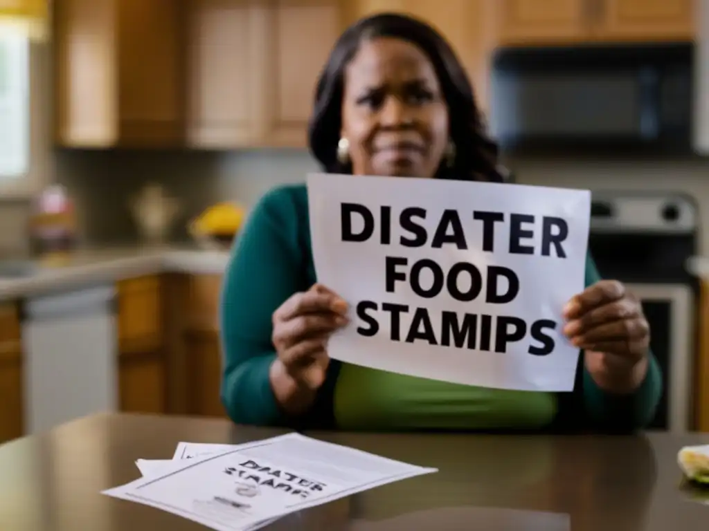 A poignant image of a woman battling food insecurity, as she clutches 'Disaster Food Stamps' amidst a family struggling to eat