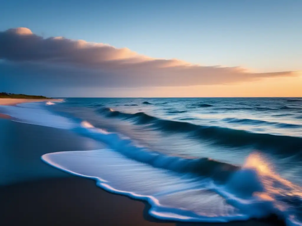 A breathtaking early morning shot of a tranquil ocean, adorned with a hint of an incoming hurricane, as the sky's hues reflect the approaching storm