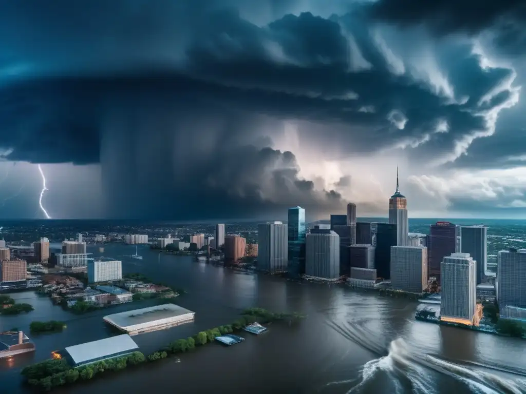 Dash-A stunning cinematic aerial shot of a bustling cityscape with a massive storm brewing in the background