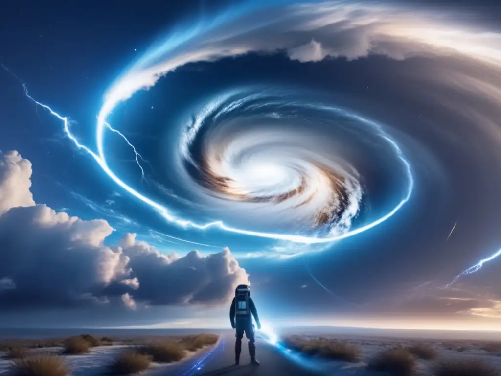 A breathtaking image of a hurricane clashing with a satellite tag, set against a backdrop of swirling galaxies and lightning-lit skies, conveys a sense of awe-inspiring power and beauty