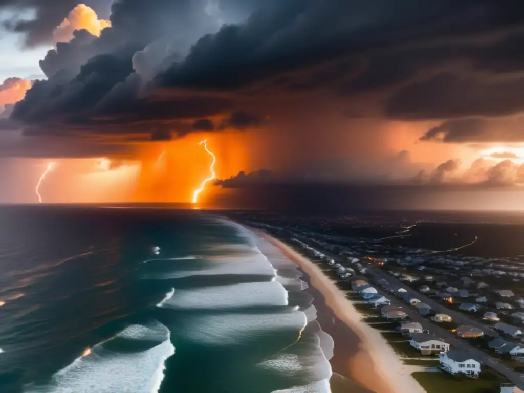 A captivating aerial view of the Atlantic during hurricane season, with storms swirling simultaneously, their clouds, rain, and lightning evident