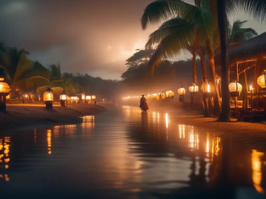 Amidst the chaotic aftermath of a powerful hurricane, the town is brought to life by the gentle glow of saltwater-powered lanterns, casting warm, inviting light onto towering trees and ponding water in the foreground