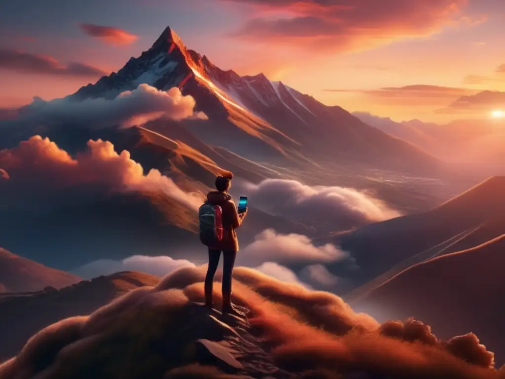 A person stands atop a mountain, overlooked by a breathtaking sunset, smartphone in hand