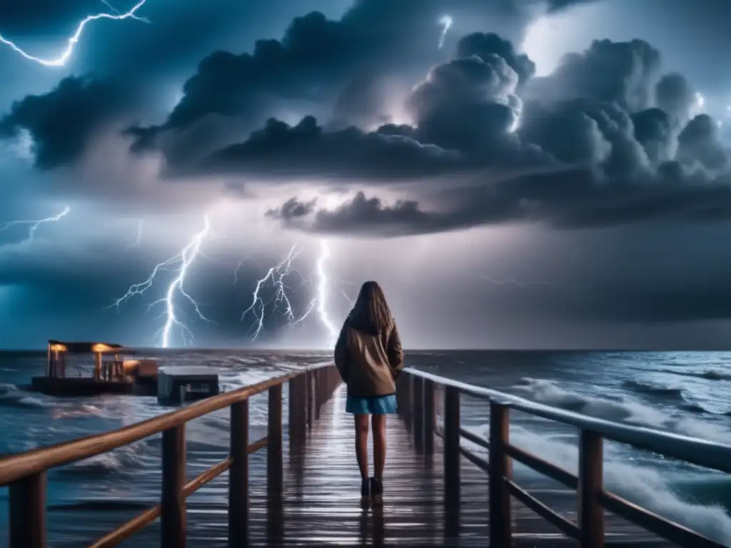 A stormy scene, with a person bravely standing tall on a wooden dock as lightning and wind rage around them, amidst rising water -