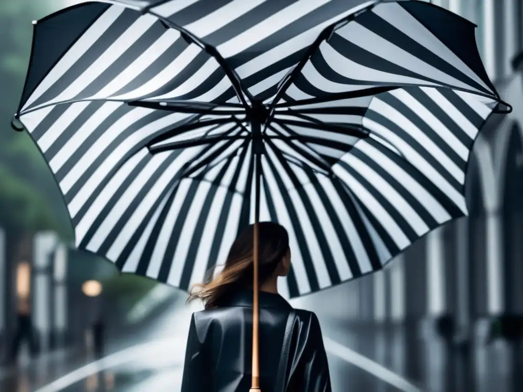 A woman stands confidently under a sleek and sturdy umbrella, with its iconic curved shape, during a heavy rainstorm