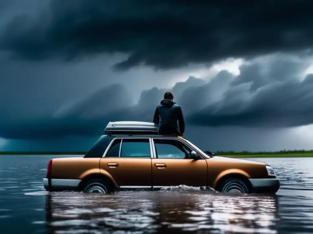 A chilling image of a person clinging to a rusted, old car submerged in a stormy sea