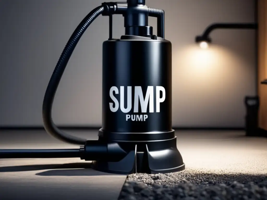 A close-up photo of a sleek, black portable sump pump on a concrete basement floor