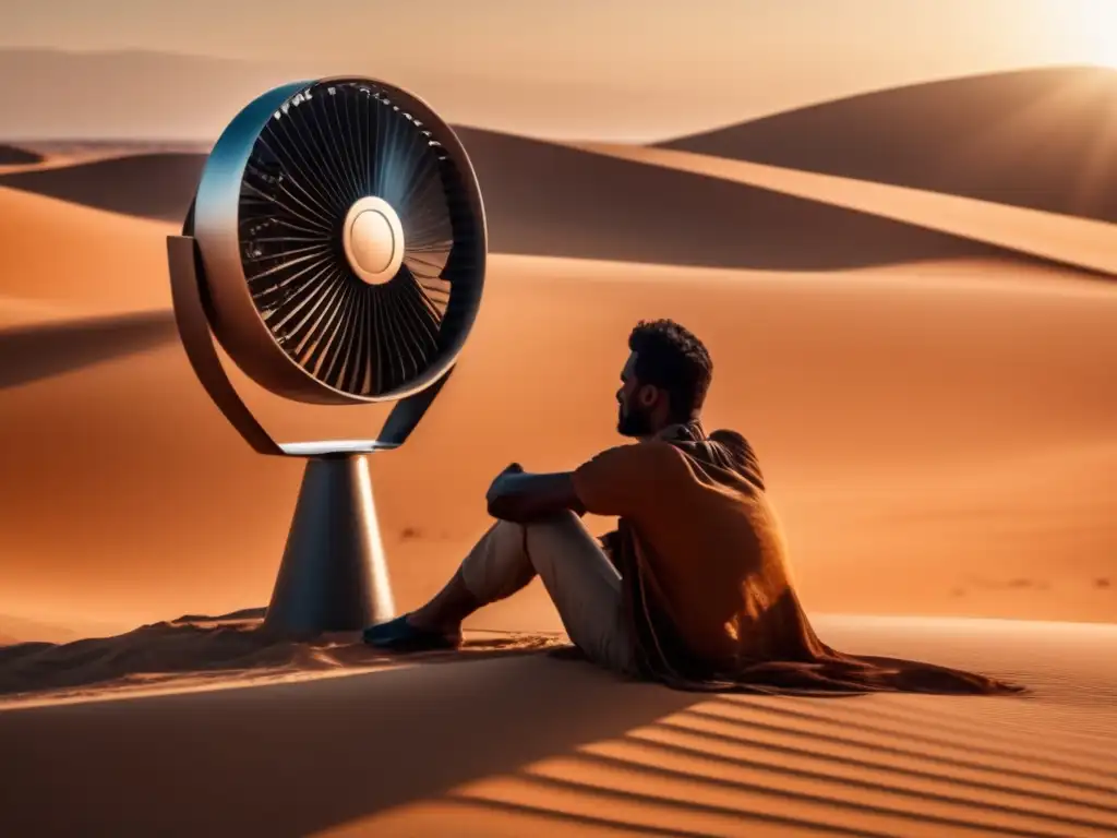 A cinematic image of a solarpowered fan blowing air on a person in the middle of a hot desert