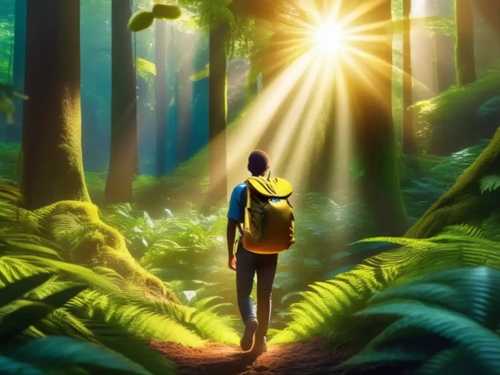 A serene individual amidst a lush, cavernous forest, cradles a backpack brimming with survival seeds