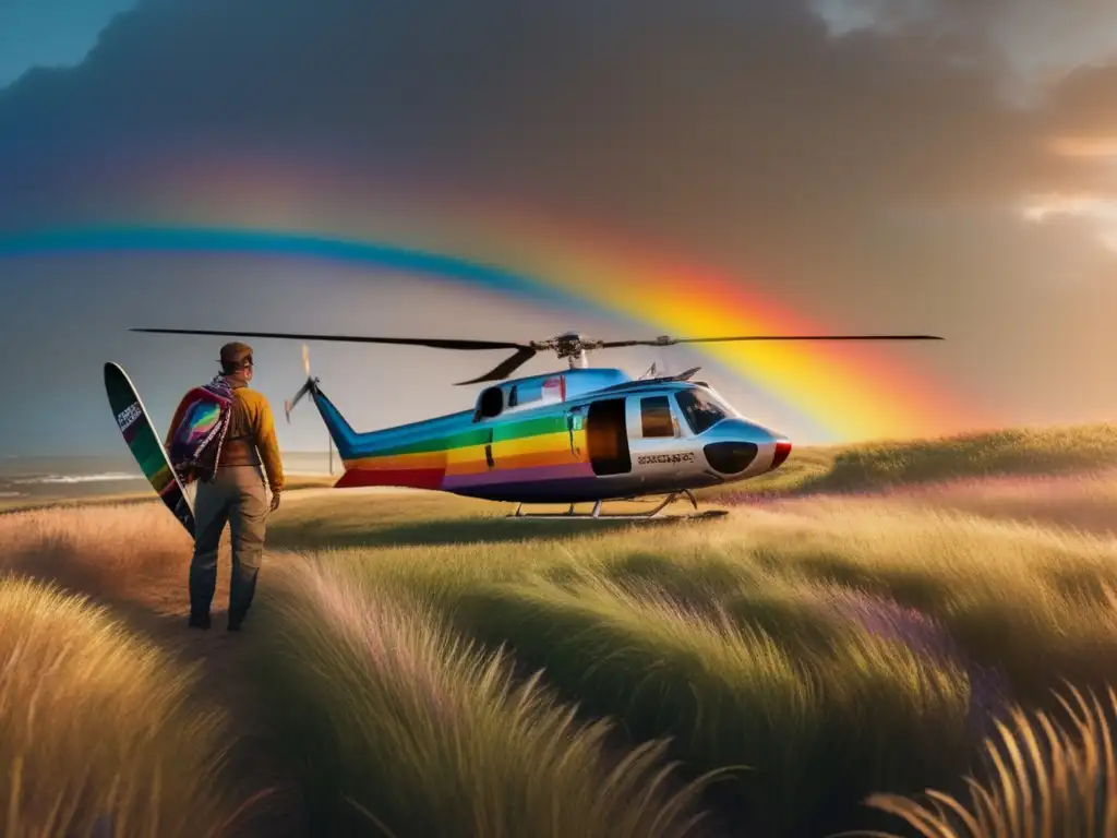 A person stands tall in a sunlit field, surrounded by vibrant tall grasses, holding a rainbow flag in one hand and a weathered surfboard in the other, with flashing rescue helicopters in the distance