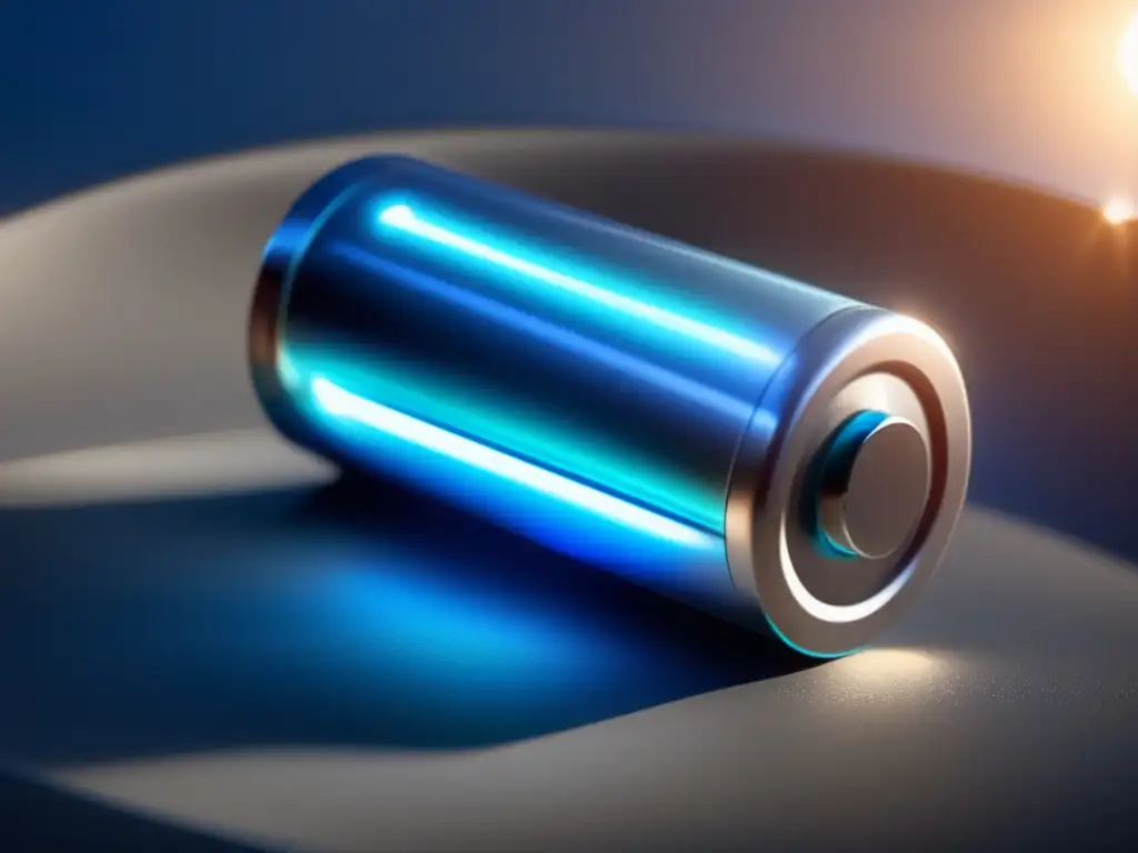 A stunning, eco-friendly battery, glowing in the light of the sun, surrounded by metallic hues of blue and grey, exuding clean, renewable energy