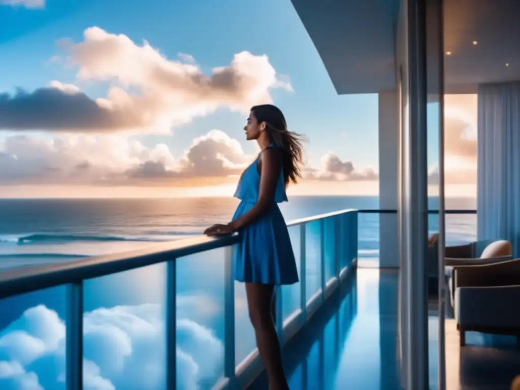 A woman stands on a sunlit hotel balcony, overlooks the horizon as she looks towards the ocean's waves